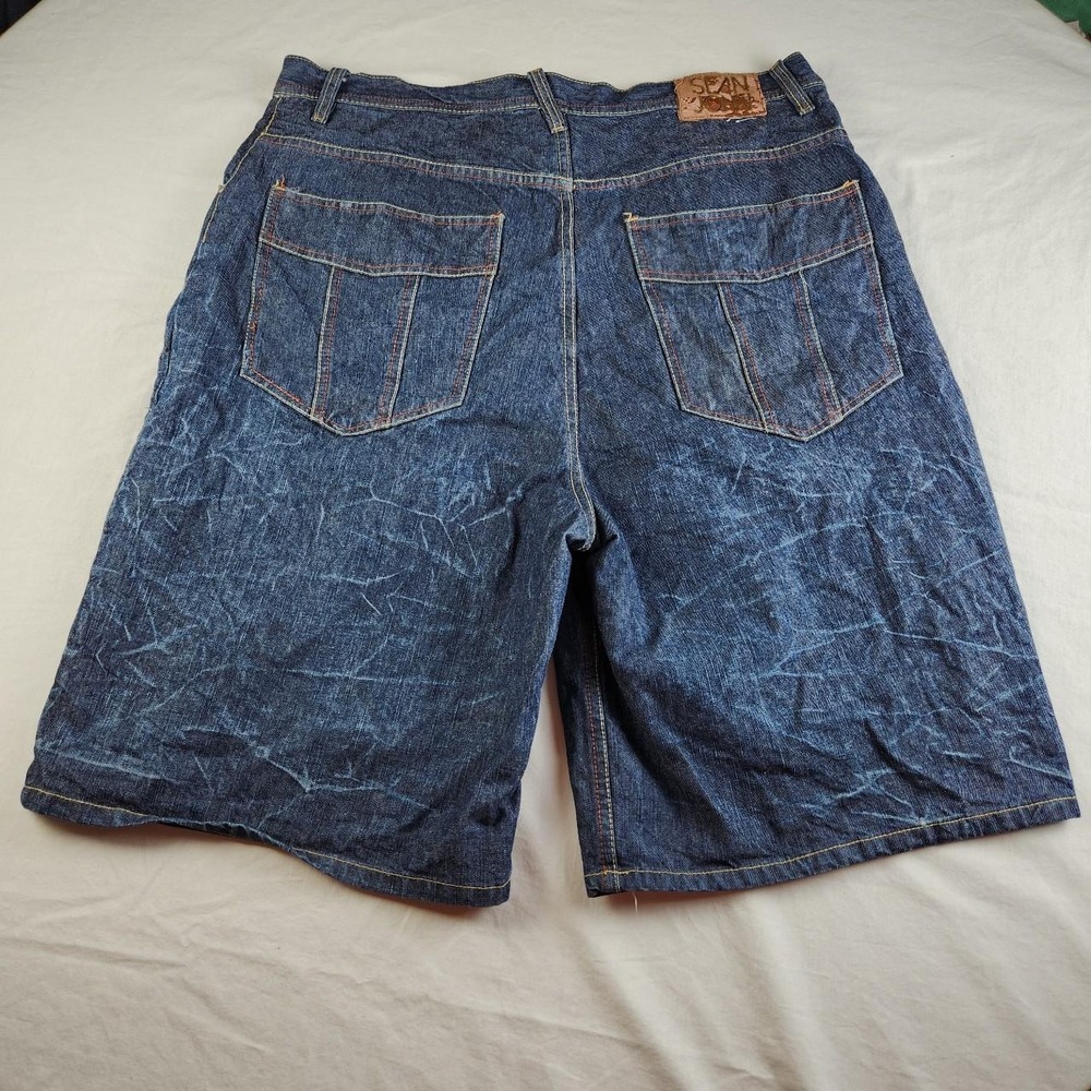 Sean John Mens Blue Denim Shorts Jorts 38 Vintage Y2K Baggy Spider Web Bleach